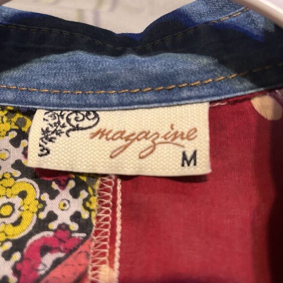 Magazine Floral Sheer Boho Red Blue V Neck Blouse Top Size M Roll Tab Sleeve - Picture 12 of 13